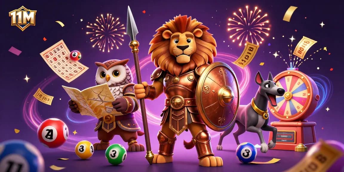 11M showcases a vibrant casino scene with lucky elements and animated characters.