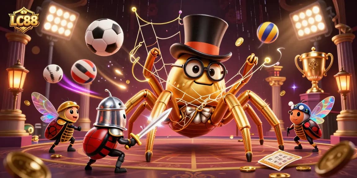 Engage with the thrilling world of LC88 as players dive into dynamic sports betting amidst a vibrant casino illustration.