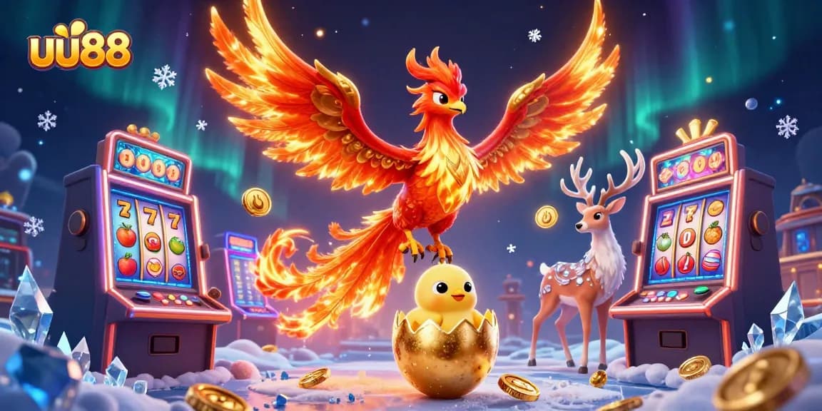 uu88 slots and prizes illustrated with vibrant phoenix and mystical stag in dynamic casino scene