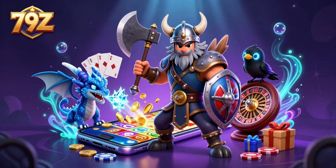 Experience thrilling adventures with 79Z as a Viking wolf warrior, fierce dragon, and raven reign supreme in a vibrant casino world.