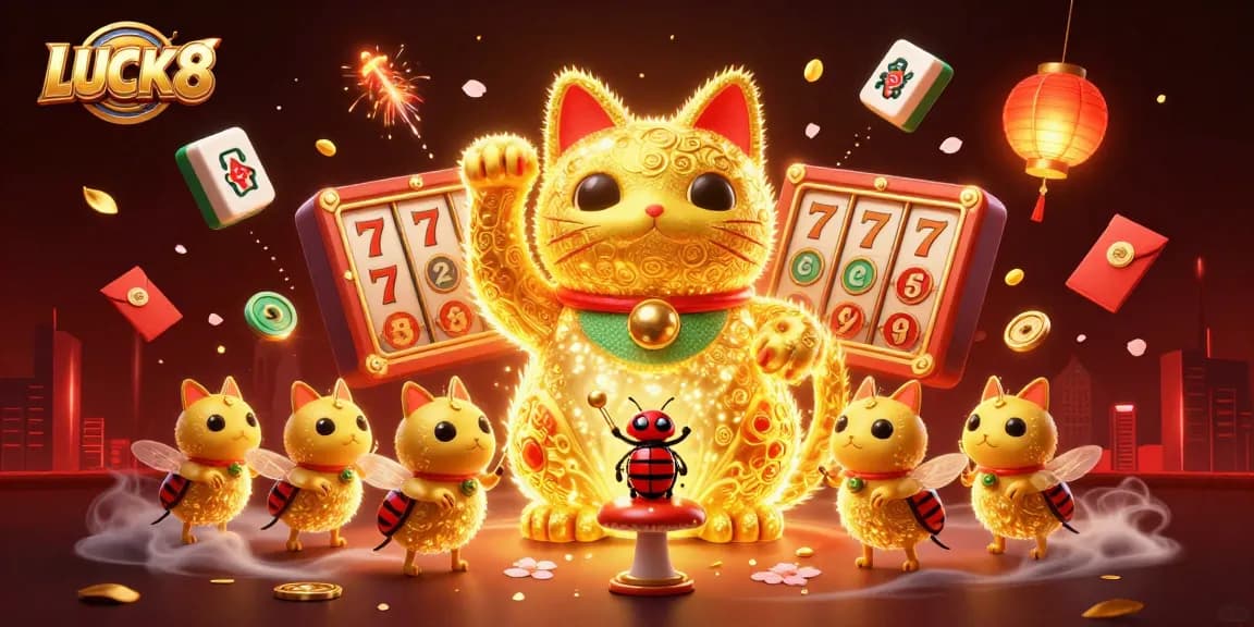 Experience LUCK8 with a giant lucky cat and casino elements in a vibrant, dynamic illustration.
