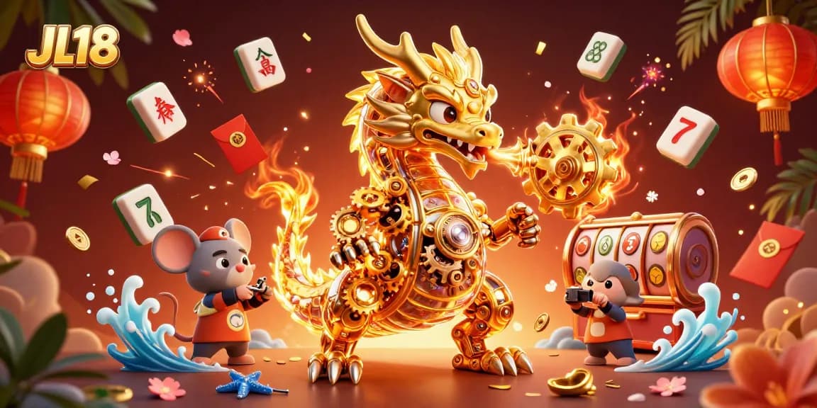 Engage with thrilling slot games at JL18 featuring a golden dragon and festive elements.
