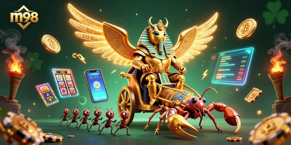 Experience thrilling gameplay with m98 in vibrant casino illustration featuring golden beetles and scorpions.