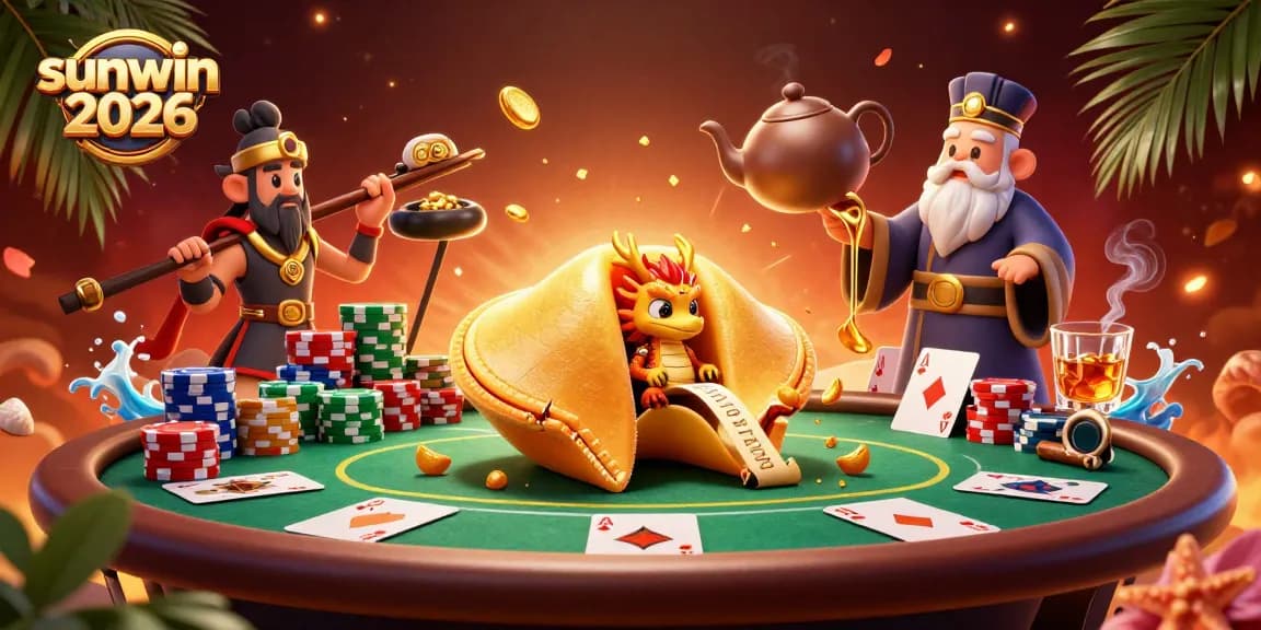 Engage with Sunwin 2026's dynamic gaming world, featuring a fortune cookie and poker action.