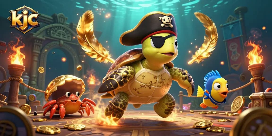 KJC pirate gaming scene features turtle, crab, and parrotfish among treasure, capturing thrilling betting action.