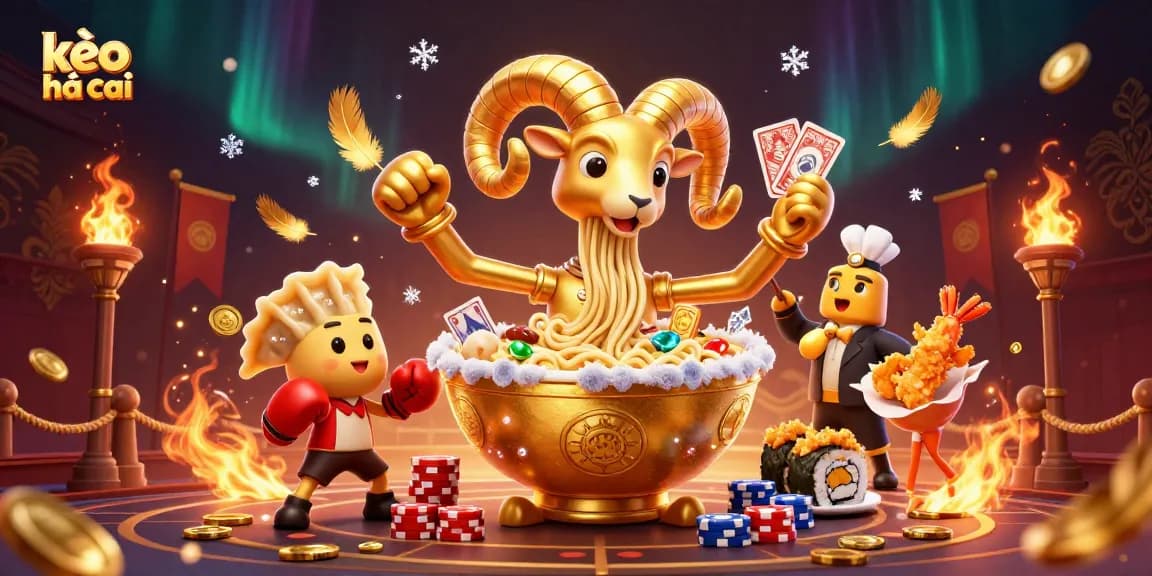 Experience kèo nhà cái action with a dynamic 3D scene of cartoon characters in a sports betting arena.