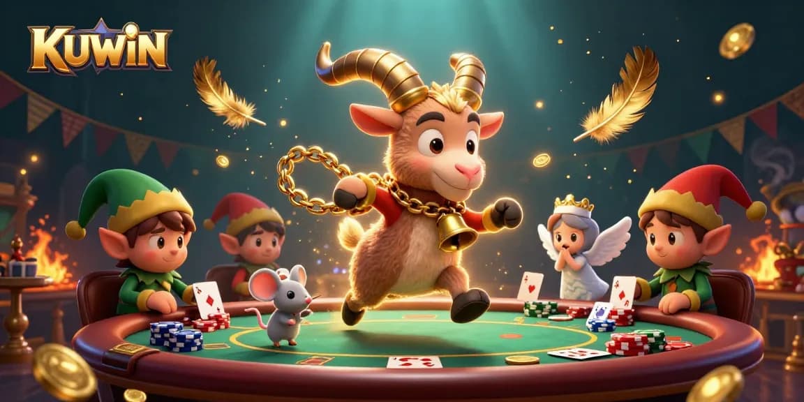 KUWIN's festive horror casino features Krampus, angel mouse, and gremlins stealing chips.