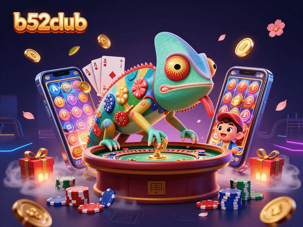 Engage with the exciting world of b52club through a vibrant 3D casino scene filled with games.