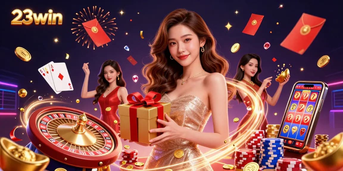 Engage with the festive 23win casino scene showcasing a glamorous Asian woman amidst cascading golden coins and vibrant game elements.
