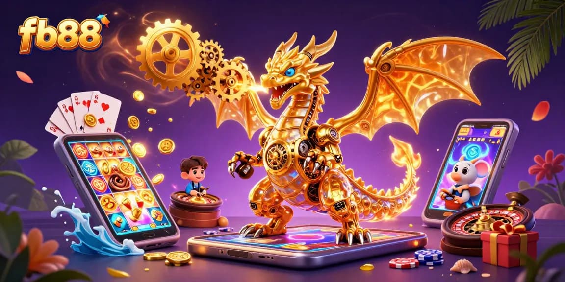 Experience thrilling gaming action at fb88 with a lively 3D illustration of casino elements.