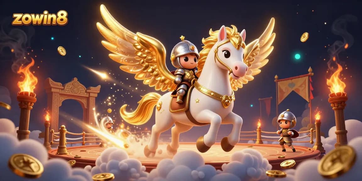 The scene showcasing zowin8's gaming excitement with a celestial horse and knight in a thrilling casino atmosphere.