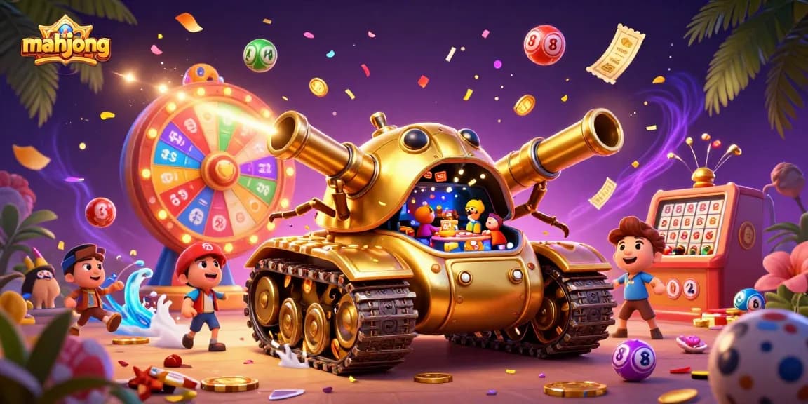 Experience mahjong with an exciting mini casino inside a golden beetle tank, animated confetti and vibrant prizes.