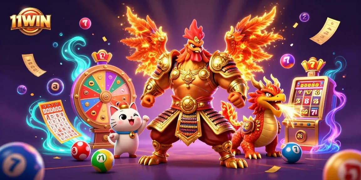 Experience the thrilling world of 11WIN with vibrant games and exciting characters in an engaging casino scene.