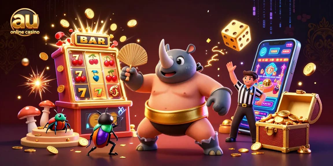 Experience the excitement of the au online casino with a dynamic 3D sumo beetle scene and thrilling game elements.