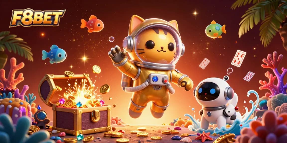 Experience thrilling adventures with F8BET, featuring a space cat, robot dog, and colorful alien treasures.