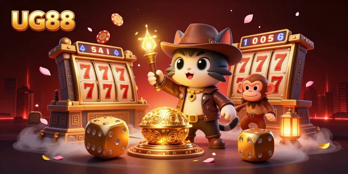 Engage with thrilling slots at UG88 as a cat explorer finds golden artifacts amidst a lively temple backdrop.