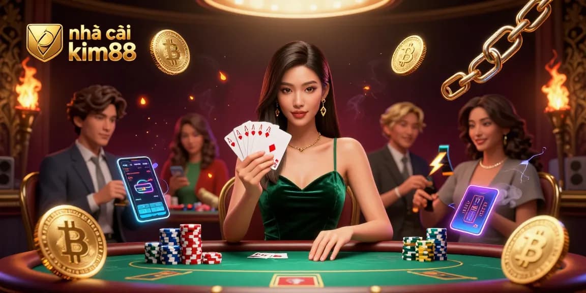 Engage with nhà cái kim88 as a beautiful Asian woman plays poker at a luxury table adorned with crypto coins.