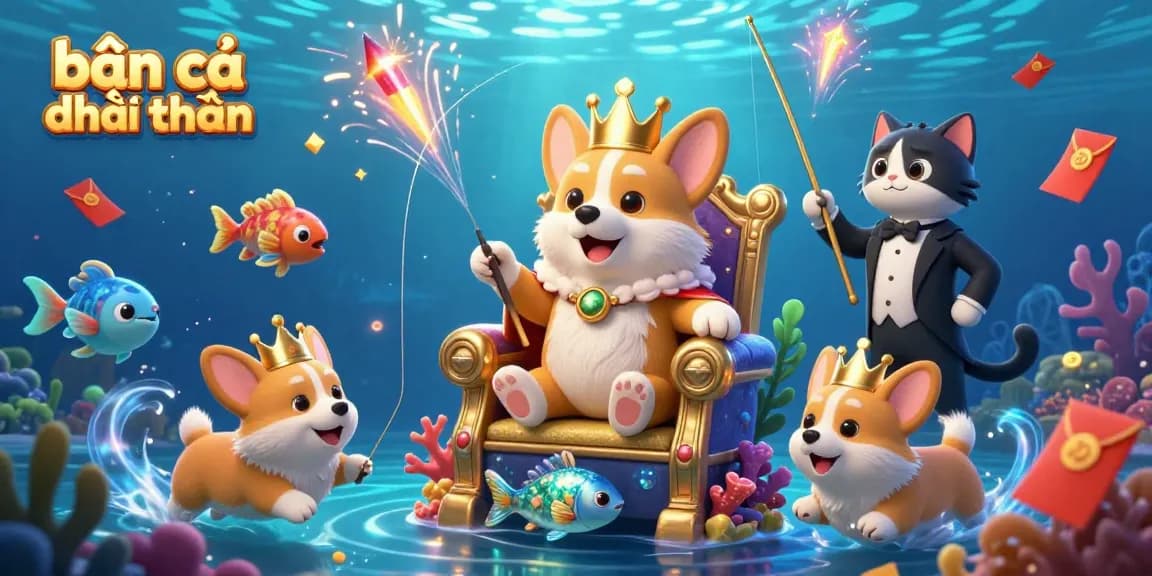 Engage in thrilling bắn cá đổi thưởng with a 3D cartoon scene of corgis and cat butler amidst dazzling sea creatures.