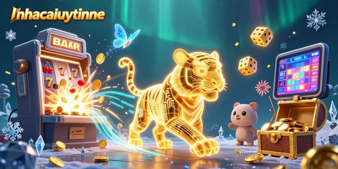 Win big at nhacaiuytinne with this vibrant casino scene, featuring a glowing tiger and jackpot explosion.