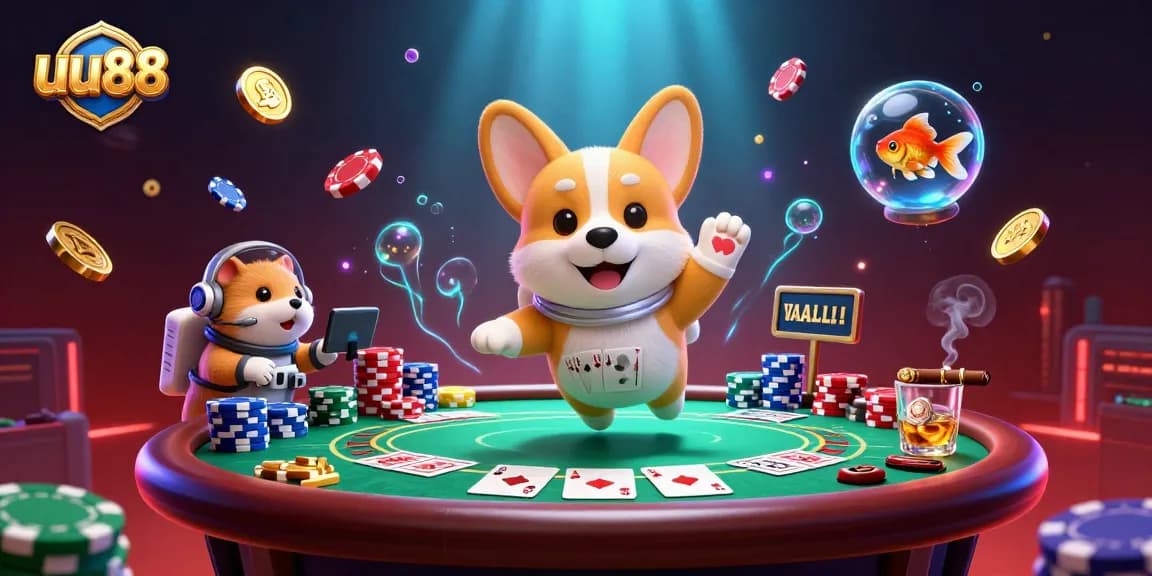 uu88 presents an engaging scene as a corgi astronaut plays in a casino, chips and coins flying around.