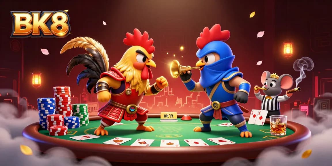BK8's exciting showdown of cartoon roosters engaged in a poker battle, showcasing colorful chips and cards.