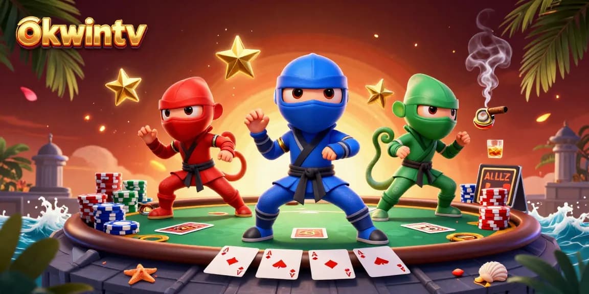 Watch the dynamic chameleon team in colorful outfits executing martial arts poses during a thrilling card game on okwintv.