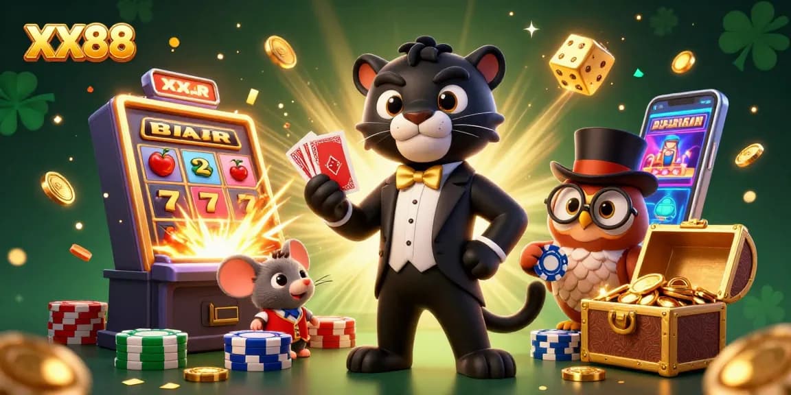 Engage with thrilling slots at XX88 featuring dynamic characters amid a vibrant casino scene.