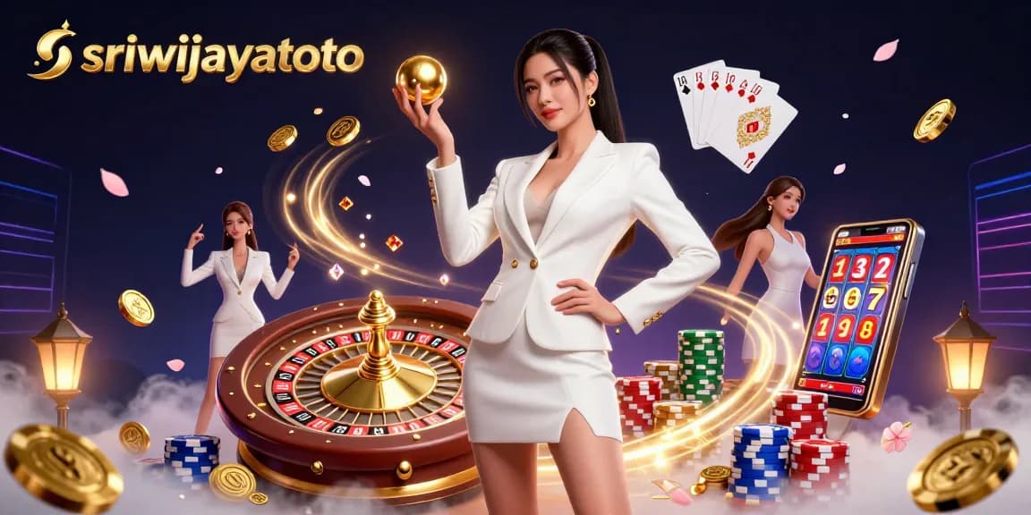 Sriwijayatoto showcases an Asian woman confidently holding a roulette ball amidst vibrant casino elements.