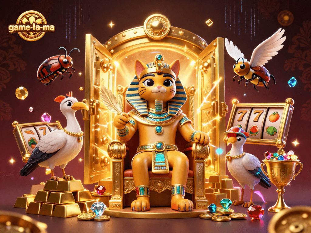 Engage with game-la-ma's vibrant casino world featuring a Pharaoh cat and slot themes.