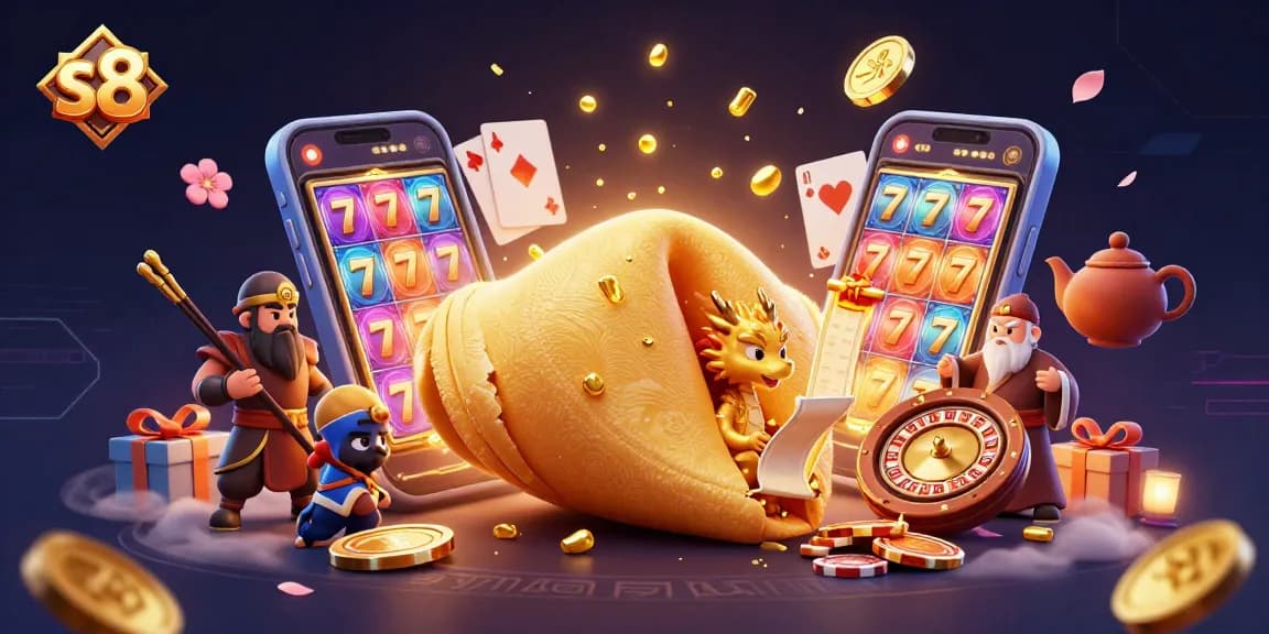 Experience the excitement of online gaming with S8's vibrant casino scene, featuring slot games and magical characters.