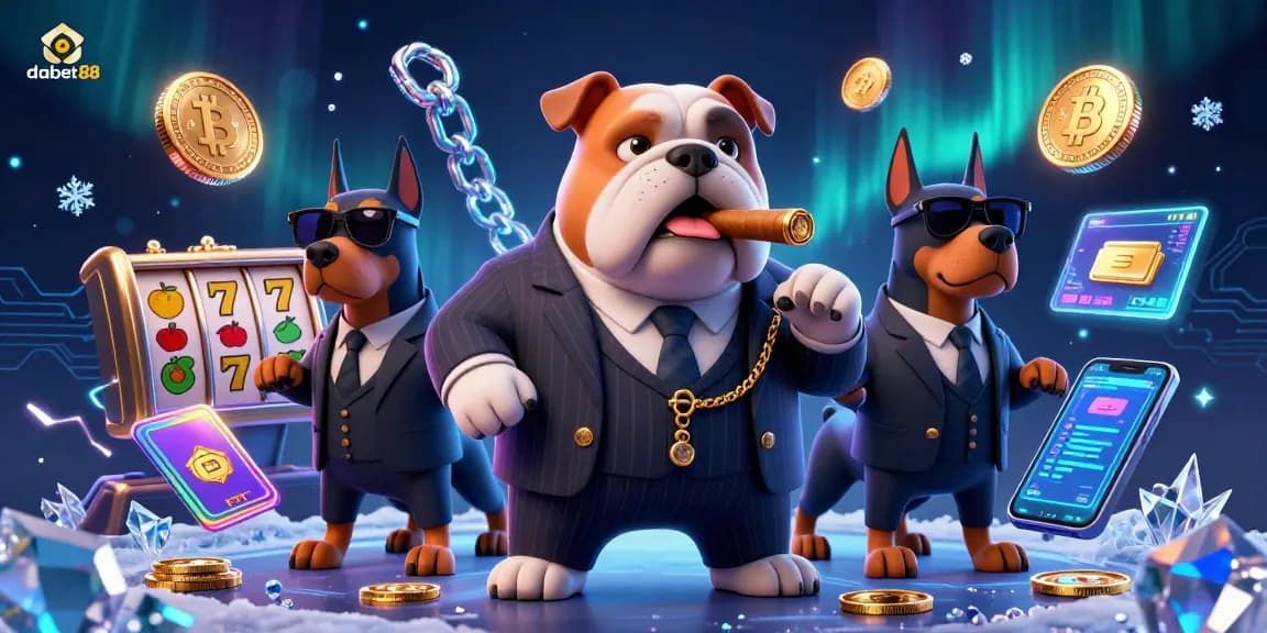 Dabet88 captures thrilling casino moments with cartoon characters and neon crypto elements.