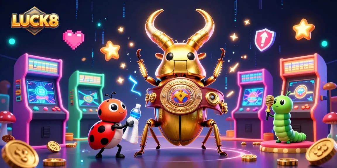 LUCK8 showcases a vibrant casino scene with a golden stag beetle and ladybug, celebrating gaming.