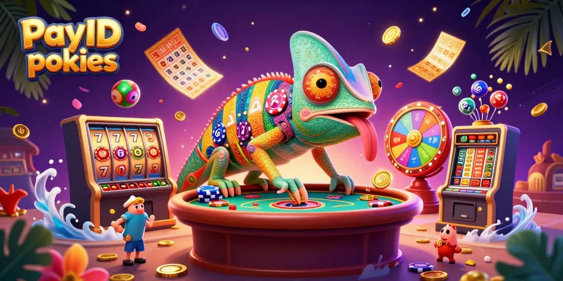 Experience thrilling PayID pokies with vibrant chameleon casino owner and dynamic game elements.