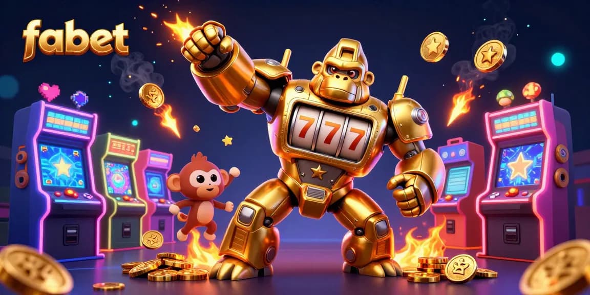 Engage with fabet's dynamic gambling world featuring a gold mech and vibrant gaming elements.