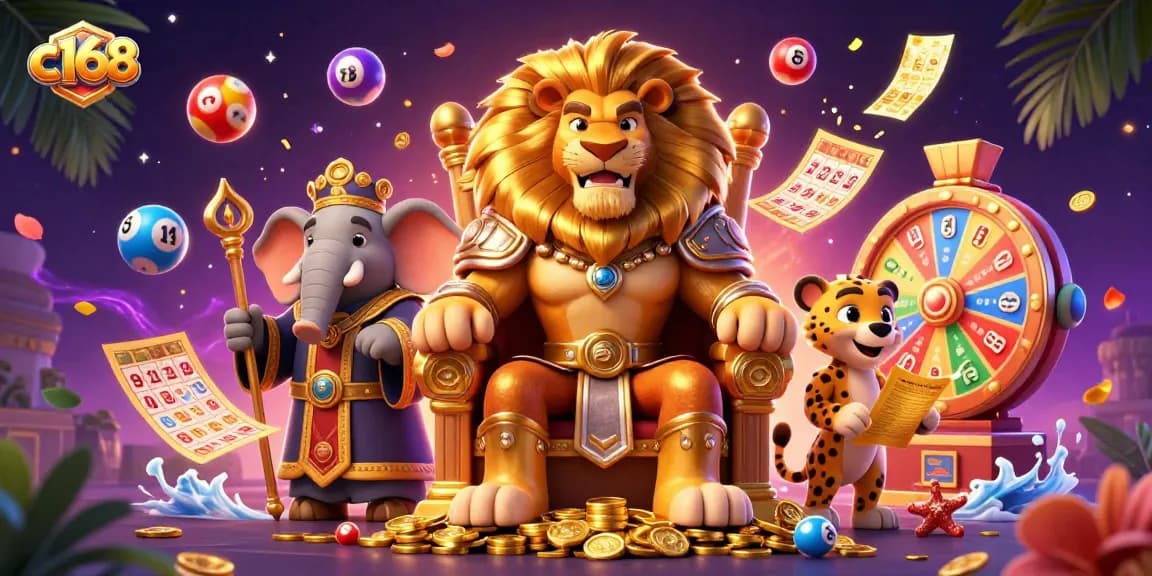 Experience the excitement of c168 with a vibrant 3D casino scene featuring a lion king and casino elements.