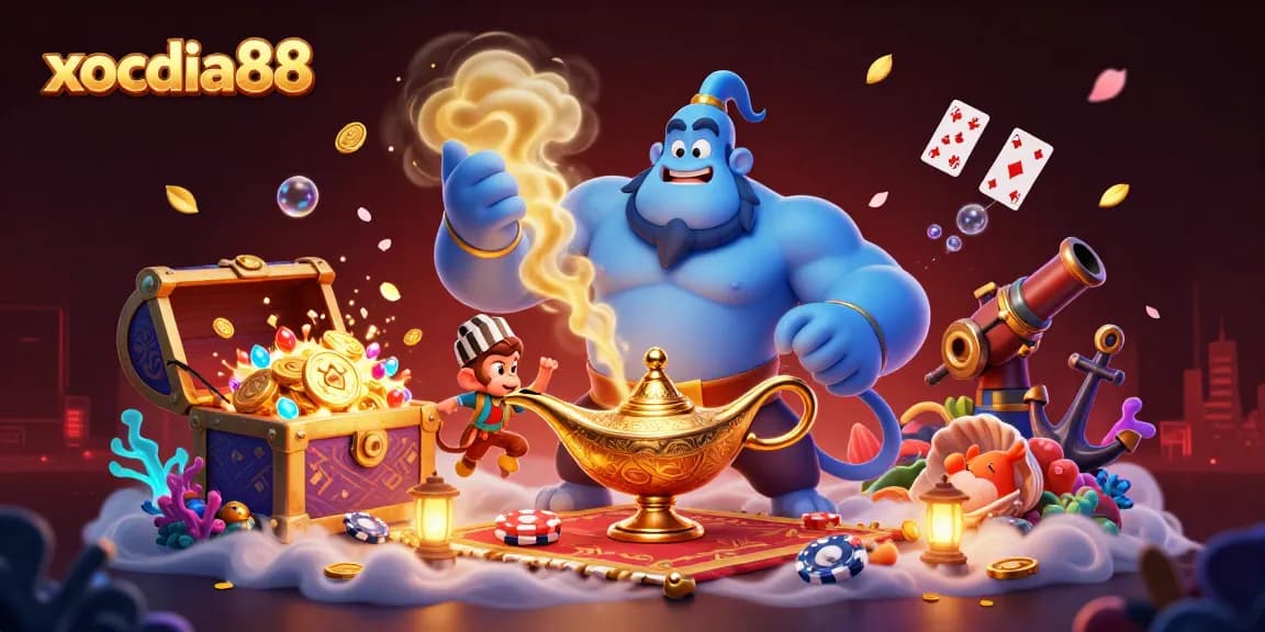 xocdia88 brings excitement with a genie, treasure, and poker chips in a vibrant casino scene.