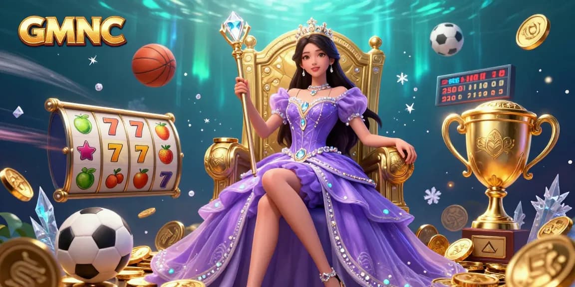 Experience thrilling wins with GMNC, featuring vibrant casino elements and a stunning regal character.