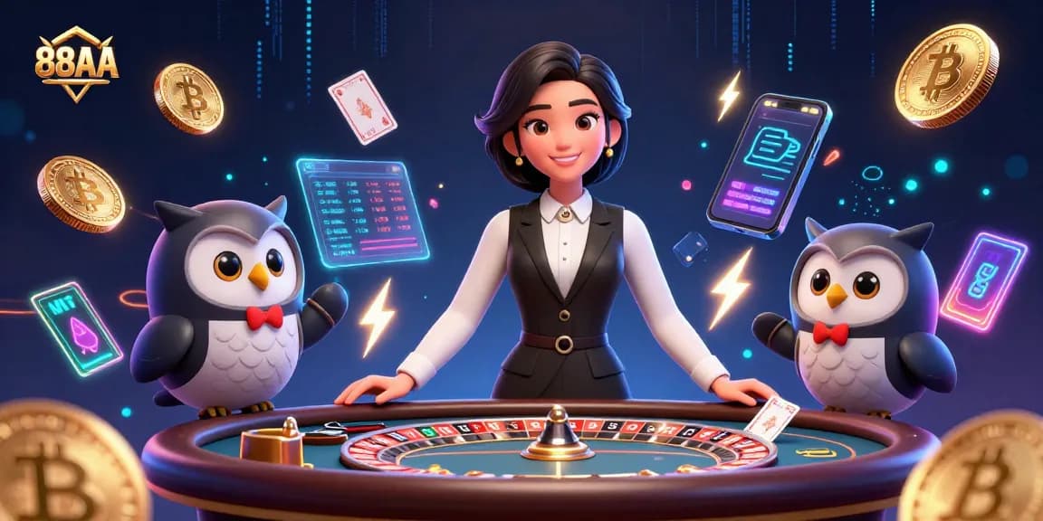 Experience exciting gaming at 88AA with dealers, coins, and vibrant casino elements.