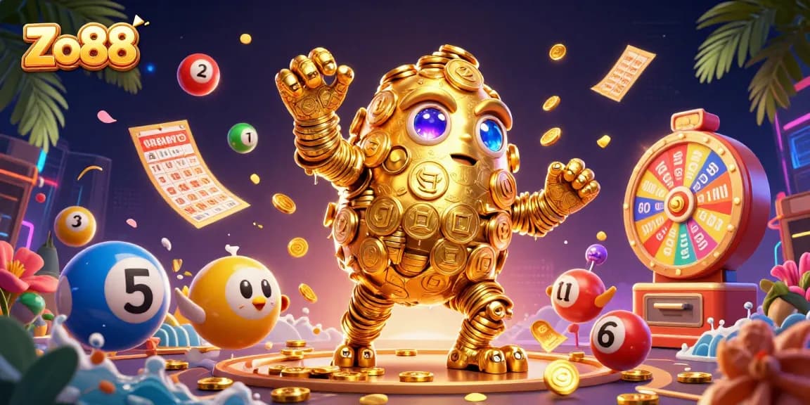 Experience the excitement of Zo88's vibrant lottery and casino elements in a dynamic 3D scene.