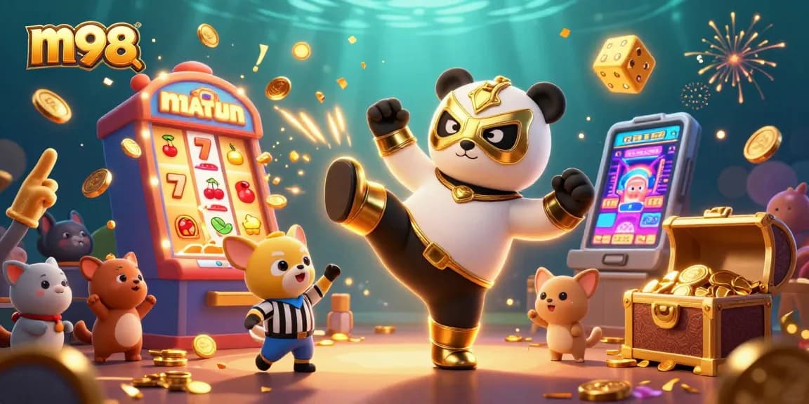 Experience winning excitement at m98 q with a vibrant casino scene featuring a panda wrestler, slot machine, and cheering spectators.