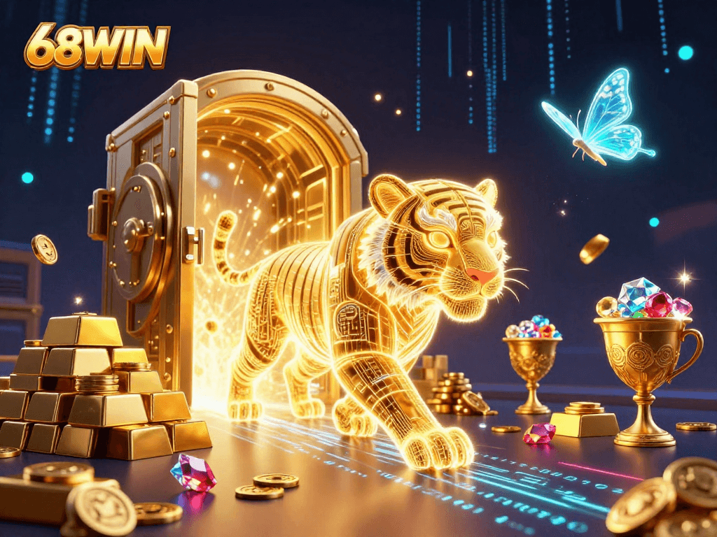 Experience thrilling entertainment with 68WIN in this vibrant casino scene bursting with treasures.