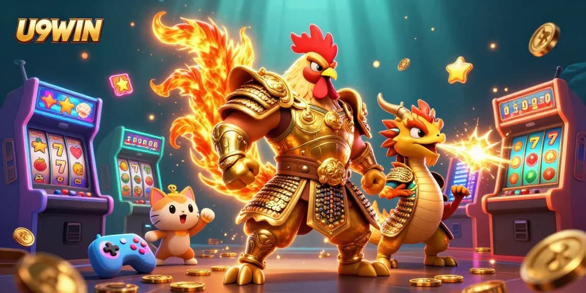 Experience U9WIN's thrilling adventure with a warrior rooster and dragon in a vibrant casino setting.