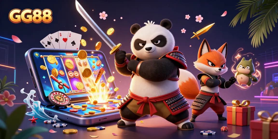 GG88 offers thrilling gaming experiences with vibrant slot games and engaging characters in a richly detailed scene.