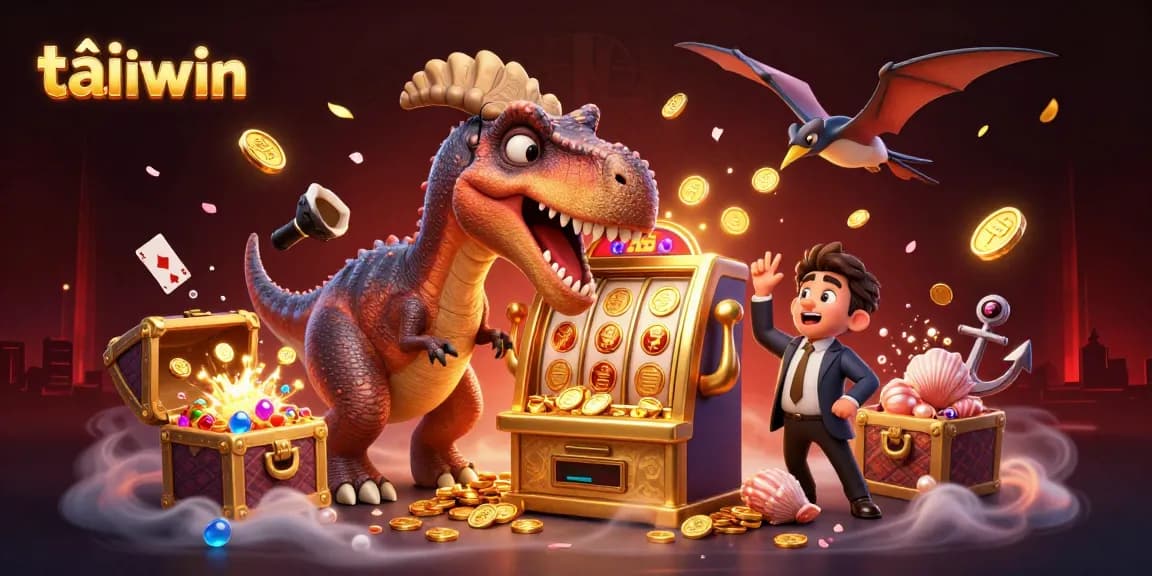 Tải iwin by enjoying an exciting casino scene with cartoon dinosaurs and golden jackpots.