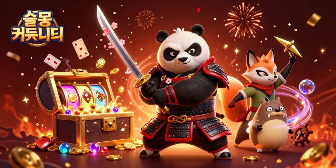 Experience the vibrant 슬롯 커뮤니티 with dynamic characters, golden treasures, and spinning slot reels.