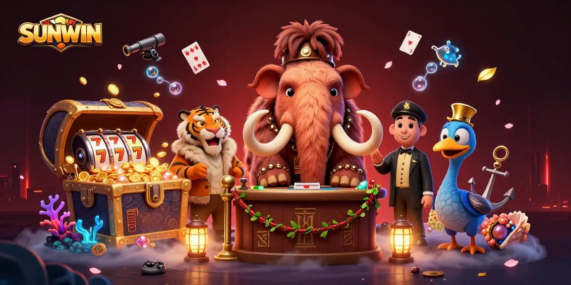 SUNWIN casino illustration featuring a woolly mammoth bouncer, saber-tooth tiger guest, and slot machine elements, emphasizing a vibrant gaming environment.