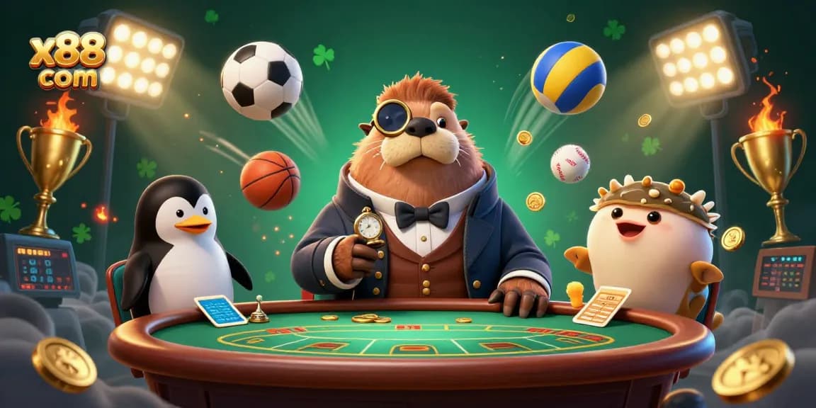 Experience thrilling gameplay at x88 com in this vibrant casino scene with playful characters.