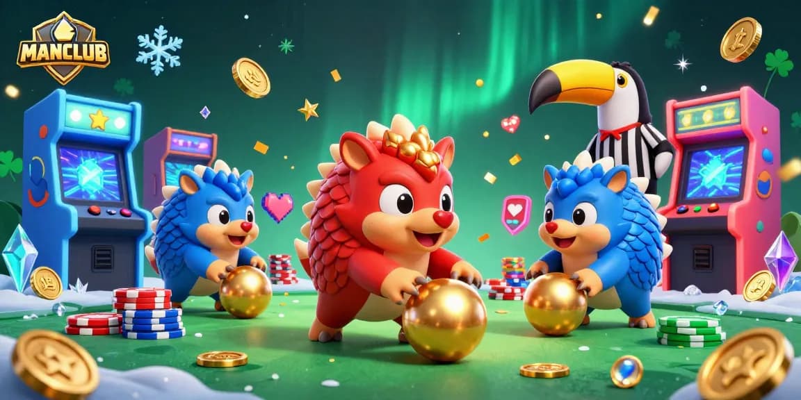 Experience the thrill of MANCLUB with rival pangolins bowling through poker chips in this vibrant casino illustration.