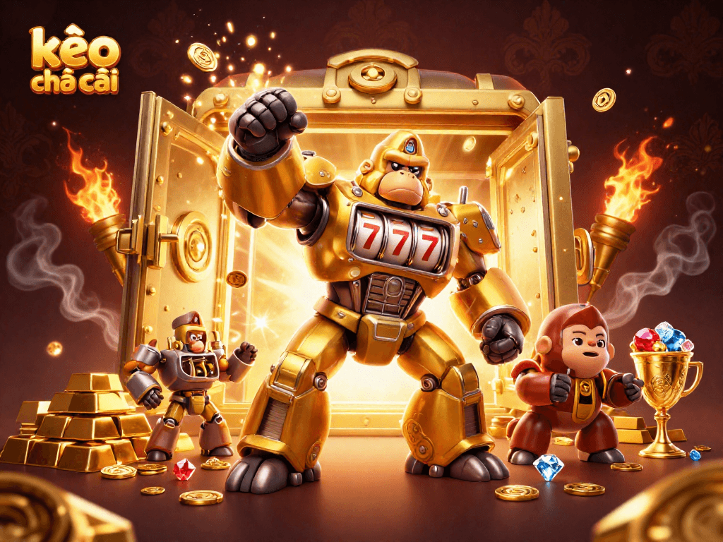 Experience kèo nhà cái with 3D golden gorilla mech amidst treasures and excitement!