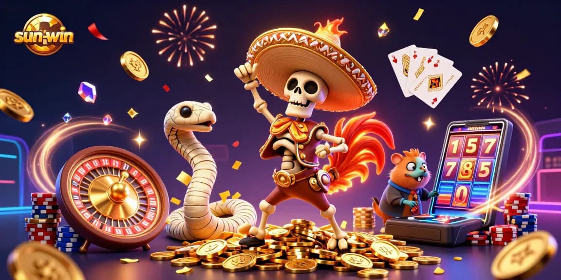 Engage with sun-win adventures, featuring a festive 3D illustrated scene full of gaming elements.